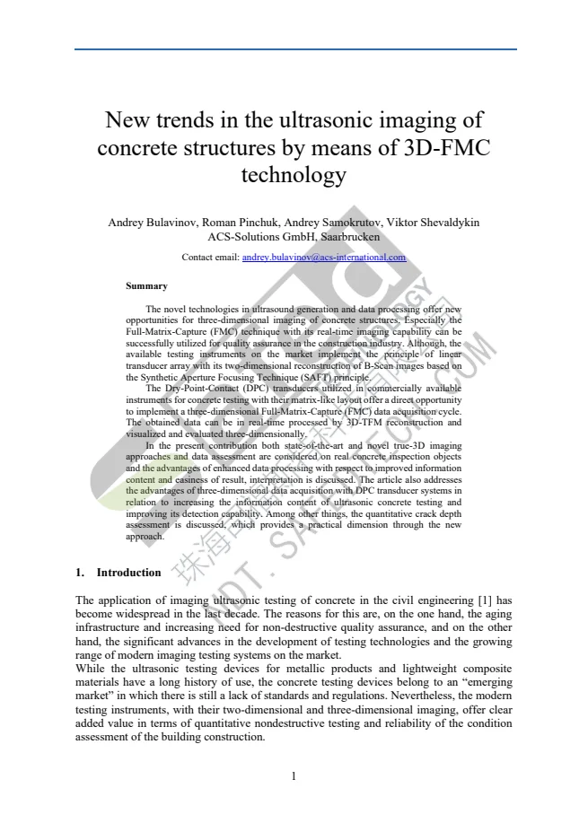 New trends in the ultrasonic imaging of concrete structures by means of 3D-FMC technology PDF 第 1 页预览